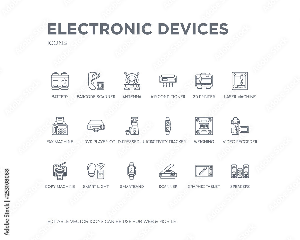 Naklejka premium simple set of electronic devices vector line icons. contains such icons as speakers, graphic tablet, scanner, smartband, smart light, copy machine, video recorder, weighing, activity tracker and