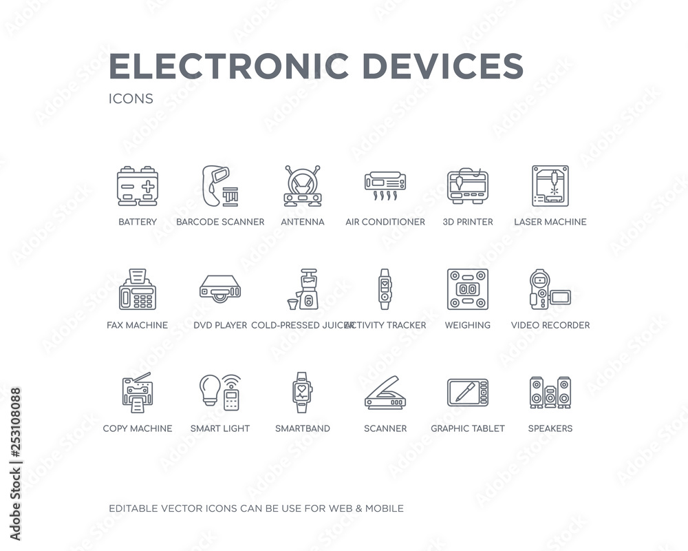 simple set of electronic devices vector line icons. contains such icons as speakers, graphic tablet, scanner, smartband, smart light, copy machine, video recorder, weighing, activity tracker and