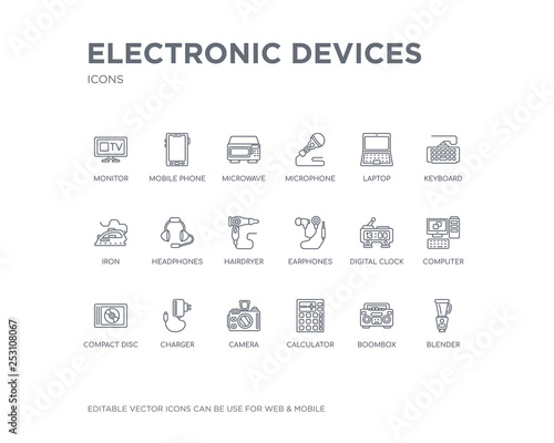 simple set of electronic devices vector line icons. contains such icons as blender, boombox, calculator, camera, charger, compact disc, computer, digital clock, earphones and more. editable pixel