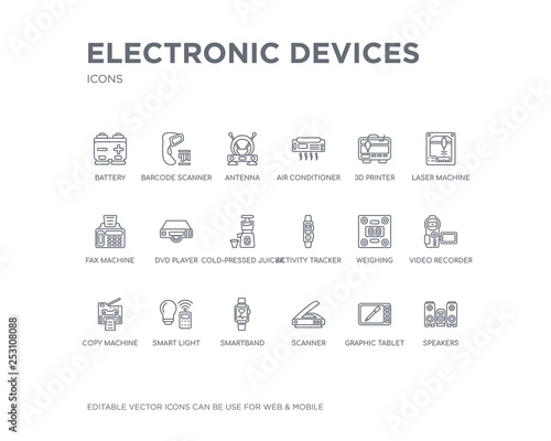 simple set of electronic devices vector line icons. contains such icons as speakers, graphic tablet, scanner, smartband, smart light, copy machine, video recorder, weighing, activity tracker and