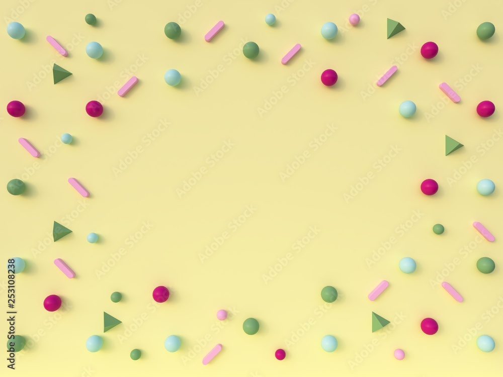 3d rendering. Geometric forms composition. Pink, green, violet and blue shapes on a pastel yellow background. Flat lay, top view, front view, copy space. Trendy banner. Pastel colors. 3d rendering. Geometric forms composition. Pink, green, violet and blue shapes on a pastel yellow background. Flat lay, top view, front view, copy space. Trendy banner. Pastel colors.