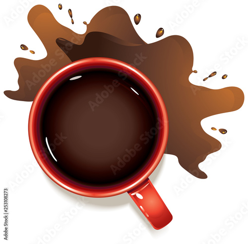 Red mug of coffee, top view.