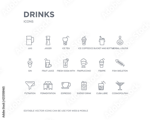 simple set of drinks vector line icons. contains such icons as cosmopolitan, cuba libre, energy drink, espresso, fermentation, filtration, fish skeleton, frappe, frappuccino and more. editable pixel