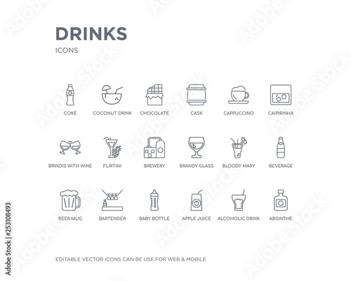 simple set of drinks vector line icons. contains such icons as absinthe, alcoholic drink, apple juice, baby bottle, bartender, beer mug, beverage, bloody mary, brandy glass and more. editable pixel