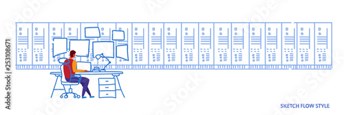 man sitting workplace desk working in data center room hosting server computer monitoring concept information database rear view worker sketch flow style horizontal banner