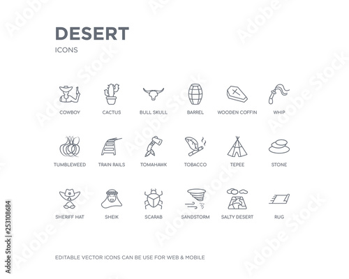simple set of desert vector line icons. contains such icons as rug, salty desert, sandstorm, scarab, sheik, sheriff hat, stone, tepee, tobacco and more. editable pixel perfect.