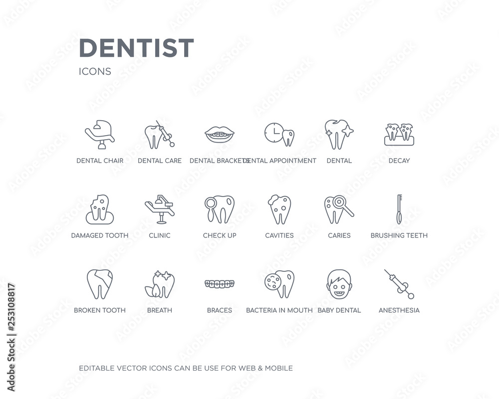 simple set of dentist vector line icons. contains such icons as anesthesia, baby dental, bacteria in mouth, braces, breath, broken tooth, brushing teeth, caries, cavities and more. editable pixel simple set of dentist vector line icons. contains such icons as anesthesia, baby dental, bacteria in mouth, braces, breath, broken tooth, brushing teeth, caries, cavities and more. editable pixel