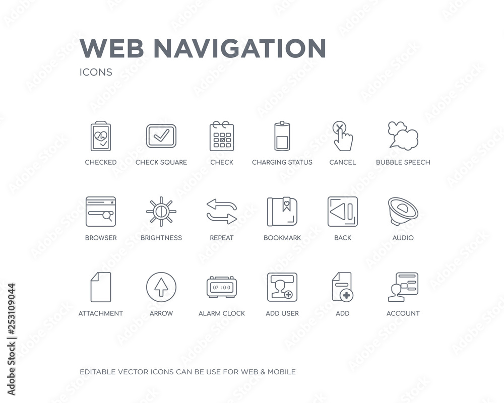 simple set of web navigation vector line icons. contains such icons as account, add, add user, alarm clock, arrow, attachment, audio, back, bookmark and more. editable pixel perfect.