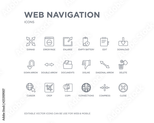 simple set of web navigation vector line icons. contains such icons as close, compress, connections, copy, crop, cursor, delete, diagonal arrow, dislike and more. editable pixel perfect.