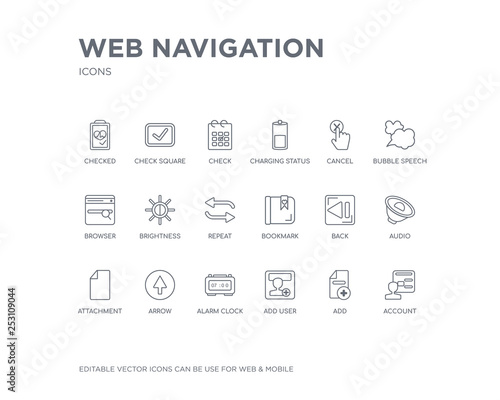 simple set of web navigation vector line icons. contains such icons as account, add, add user, alarm clock, arrow, attachment, audio, back, bookmark and more. editable pixel perfect.