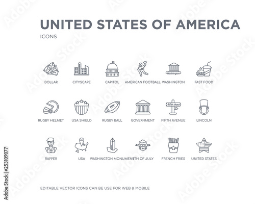 simple set of united states of america vector line icons. contains such icons as united states, french fries, 4th of july, washington monument, usa, rapper, lincoln, fifth avenue, government and