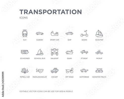 simple set of transportation vector line icons. contains such icons as monster truck, motorbike, off road, oxcart, paddlewheeler, patrol car, pickup, pt boat, quad and more. editable pixel perfect.