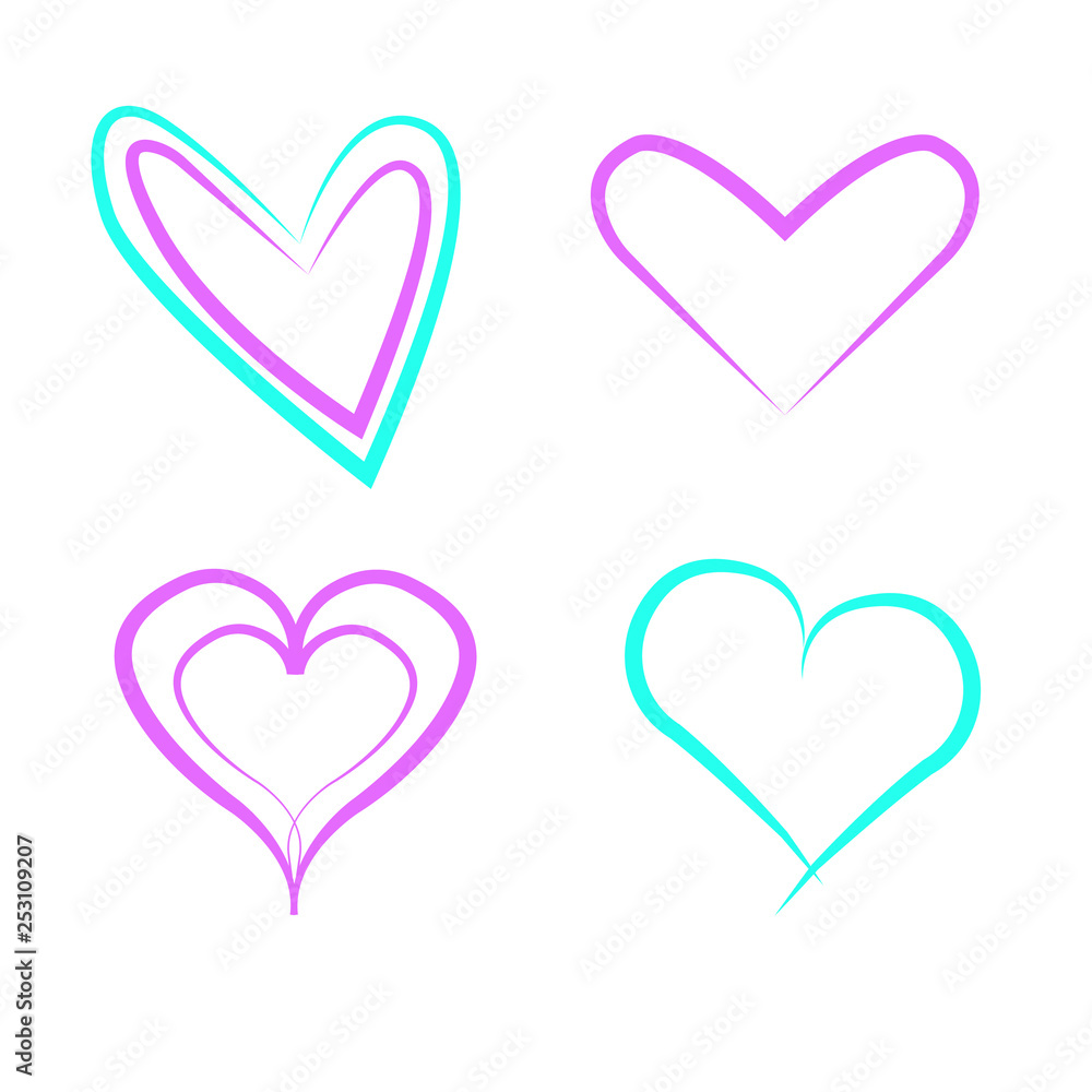 A set of painted hearts isolated on a white background A set of painted hearts isolated on a white background
