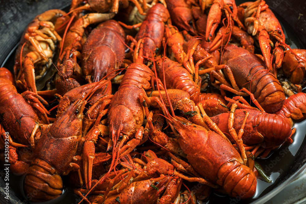 boiled crayfish on an iron plate. boiled crayfish on an iron plate.