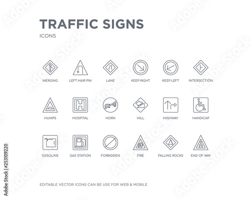 simple set of traffic signs vector line icons. contains such icons as end of way, falling rocks, fire, forbidden, gas station, gasoline, handicap, highway, hill and more. editable pixel perfect.