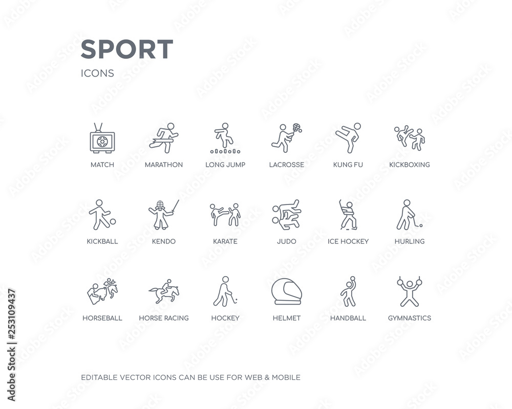 simple set of sport vector line icons. contains such icons as gymnastics, handball, helmet, hockey, horse racing, horseball, hurling, ice hockey, judo and more. editable pixel perfect.