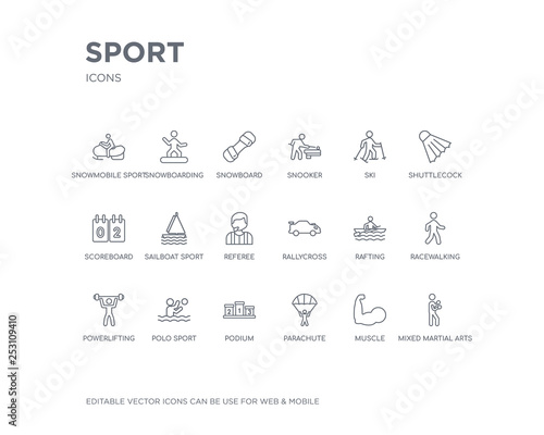 simple set of sport vector line icons. contains such icons as mixed martial arts, muscle, parachute, podium, polo sport, powerlifting, racewalking, rafting, rallycross and more. editable pixel