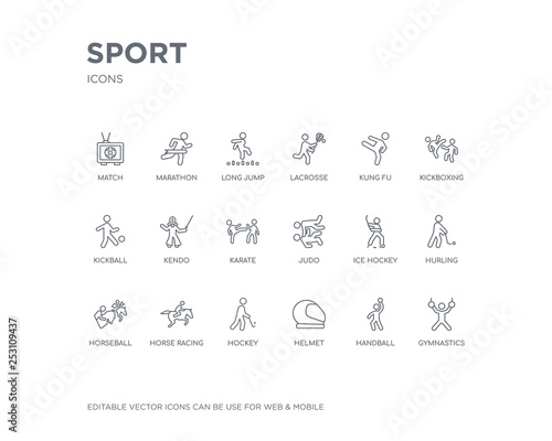 simple set of sport vector line icons. contains such icons as gymnastics, handball, helmet, hockey, horse racing, horseball, hurling, ice hockey, judo and more. editable pixel perfect.