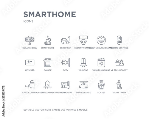 simple set of smarthome vector line icons. contains such icons as smart trash, socket, surveillance, thermostat, underfloor heating, voice control, vr technology, washer machine, windows and more.