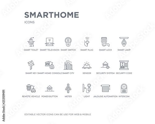 simple set of smarthome vector line icons. contains such icons as intercom, jalousie automation, light, meter, power button, remote vehicle, security code, security system, sensor and more. editable