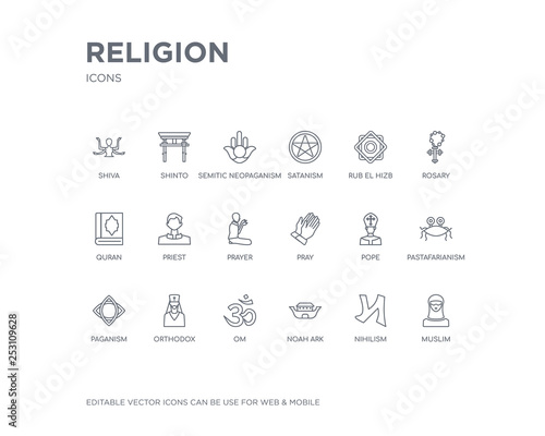 simple set of religion vector line icons. contains such icons as muslim, nihilism, noah ark, om, orthodox, paganism, pastafarianism, pope, pray and more. editable pixel perfect.