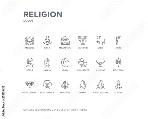 simple set of religion vector line icons. contains such icons as gospel, great buddha, hamsa, hinduism, holy chalice, holy elephant, holy star, incense, indulgence and more. editable pixel perfect.