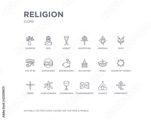 simple set of religion vector line icons. contains such icons as christianity, church, commandments, communion, confucianism, cross, crown of thorns, diwali, doi suthep and more. editable pixel