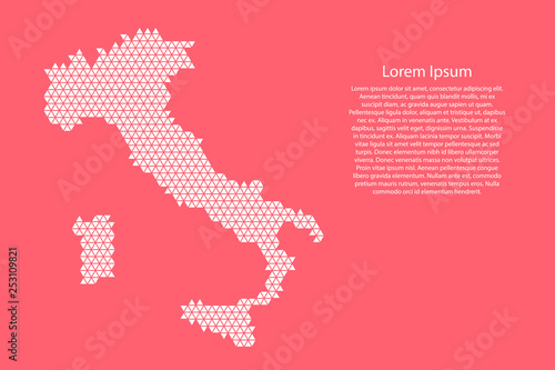Italy map abstract schematic from white  triangles repeating pattern geometric on pink coral color  background with nodes for banner, poster, greeting card. Vector illustration.