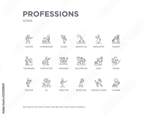 simple set of professions vector line icons. contains such icons as cooker, cricket player, detective, director, dj, doctor, driver, dyer, electrician and more. editable pixel perfect.