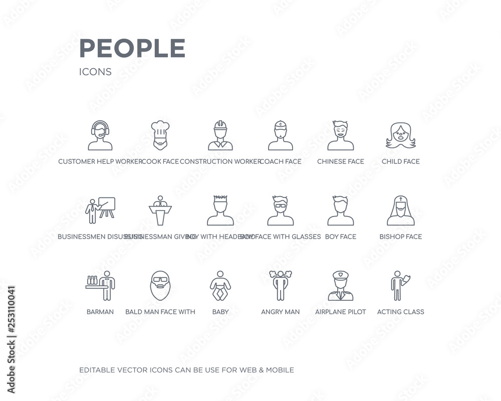 Naklejka premium simple set of people vector line icons. contains such icons as acting class, airplane pilot, angry man, baby, bald man face with beard and sunglasses, barman, bishop face, boy face, boy with glasses