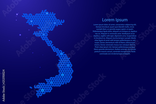 Vietnam map abstract schematic from blue triangles repeating pattern geometric background with nodes and space stars for banner, poster, greeting card. Vector illustration.