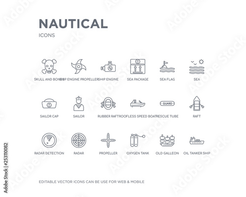 simple set of nautical vector line icons. contains such icons as oil tanker ship, old galleon, oxygen tank, propeller, radar, radar detection, raft, rescue tube, roofless speed boat and more.