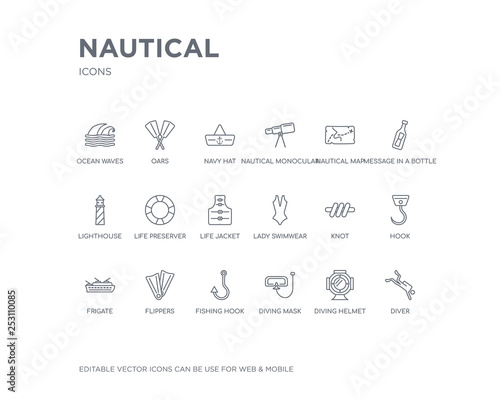 simple set of nautical vector line icons. contains such icons as diver  diving helmet  diving mask  fishing hook  flippers  frigate  hook  knot  lady swimwear and more. editable pixel perfect.