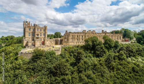 Bolsover castle in Nottinghamshire, England, UK. Partly ruined. Aerial wide panorama.