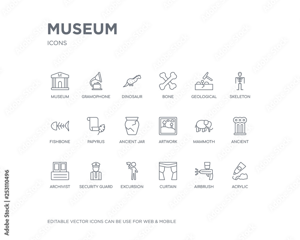 simple set of museum vector line icons. contains such icons as acrylic, airbrush, curtain, excursion, security guard, archivist, ancient, mammoth, artwork and more. editable pixel perfect. simple set of museum vector line icons. contains such icons as acrylic, airbrush, curtain, excursion, security guard, archivist, ancient, mammoth, artwork and more. editable pixel perfect.