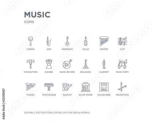 simple set of music vector line icons. contains such icons as drumsticks, sound bars, music store, playlist, synthesizer, chimes, music note, clarinet, balalaika and more. editable pixel perfect.