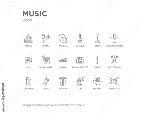 simple set of music vector line icons. contains such icons as drumstick, bagpipes, tuba, timpani, clave, diapason, kettledrum, oboe, radio cassette and more. editable pixel perfect.