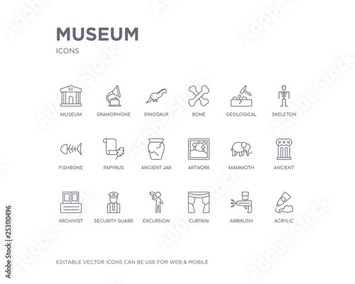 simple set of museum vector line icons. contains such icons as acrylic, airbrush, curtain, excursion, security guard, archivist, ancient, mammoth, artwork and more. editable pixel perfect.
