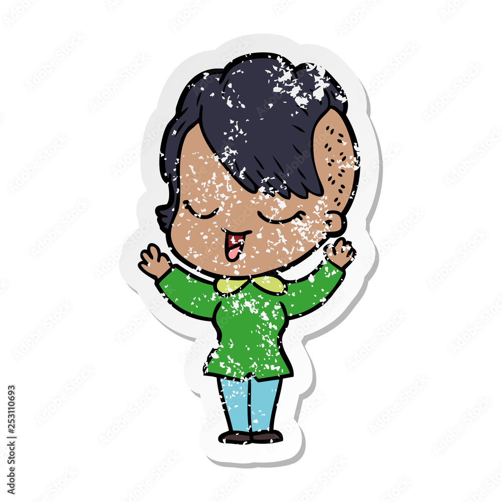 distressed sticker of a happy cartoon girl distressed sticker of a happy cartoon girl