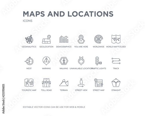 simple set of maps and locations vector line icons. contains such icons as straight, street map, street view, terrain, toll road, touristic map, track, traffic lights, unavailable location and more.