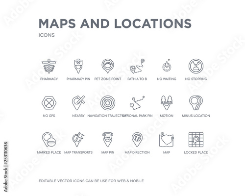 simple set of maps and locations vector line icons. contains such icons as locked place, map, map direction, map pin, transports, marked place, minus location, motion, national park pin and more.
