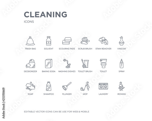 simple set of cleaning vector line icons. contains such icons as ironing, laundry, mop, plunger, shampoo, soap, spray, toilet, toilet brush and more. editable pixel perfect.