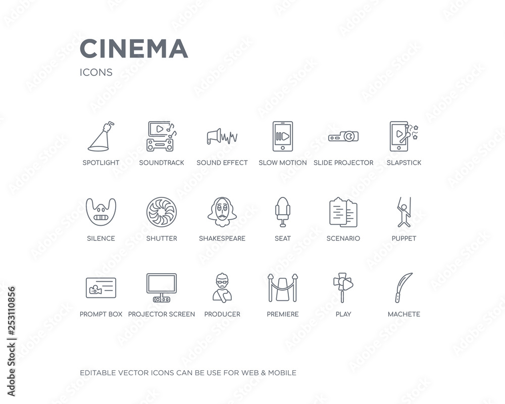 simple set of cinema vector line icons. contains such icons as machete, play, premiere, producer, projector screen, prompt box, puppet, scenario, seat and more. editable pixel perfect.