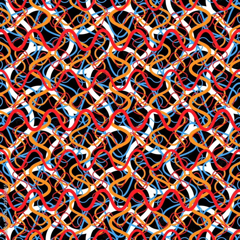 Chaos of multicolored computer cables and wires seamless pattern
