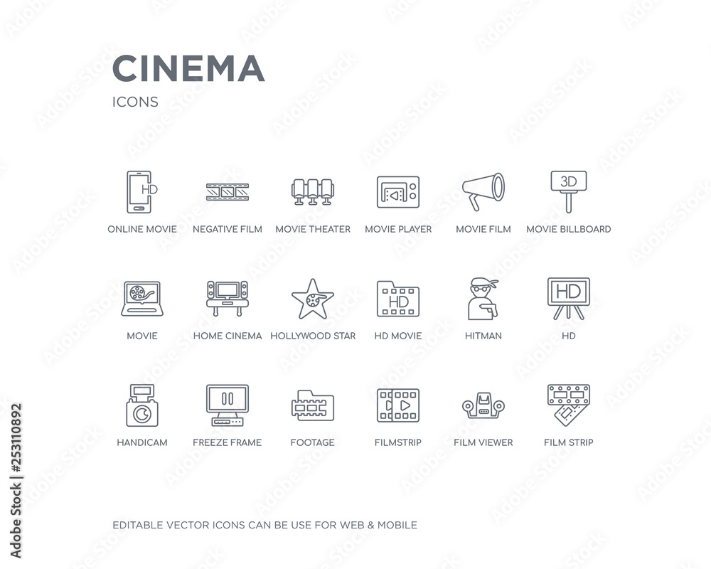 simple set of cinema vector line icons. contains such icons as film strip, film viewer, filmstrip, footage, freeze frame, handicam, hd, hitman, hd movie and more. editable pixel perfect.