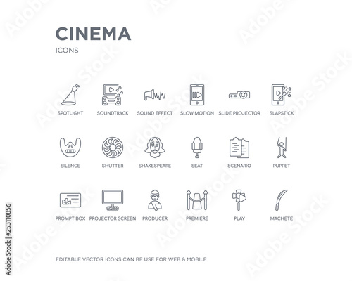 simple set of cinema vector line icons. contains such icons as machete, play, premiere, producer, projector screen, prompt box, puppet, scenario, seat and more. editable pixel perfect.