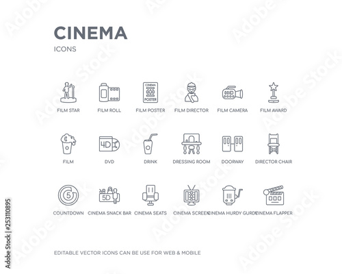 simple set of cinema vector line icons. contains such icons as cinema flapper, cinema hurdy gurdy, screen, seats, snack bar, countdown, director chair, doorway, dressing room and more. editable