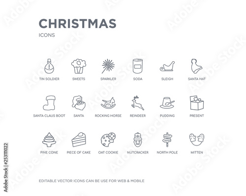 simple set of christmas vector line icons. contains such icons as mitten, north pole, nutcracker, oat cookie, piece of cake, pine cone, present, pudding, reindeer and more. editable pixel perfect.