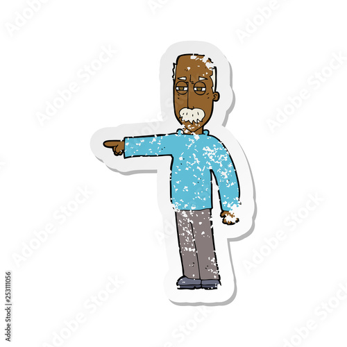 retro distressed sticker of a cartoon old man gesturing Get Out