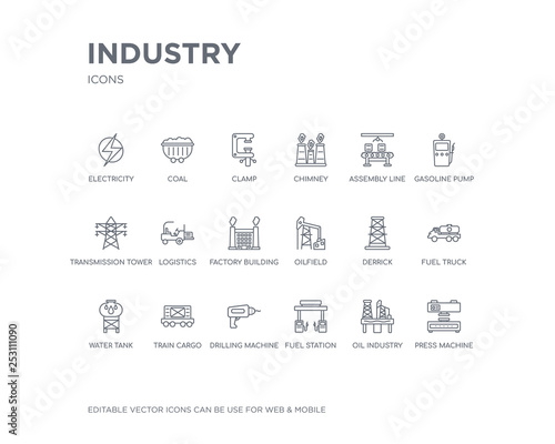 simple set of industry vector line icons. contains such icons as press machine, oil industry, fuel station, drilling machine, train cargo, water tank, fuel truck, derrick, oilfield and more.